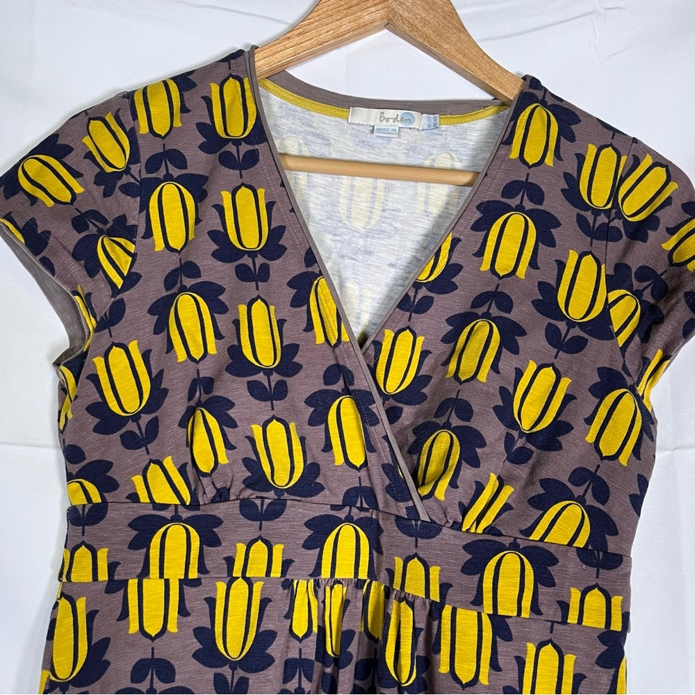 Boden Women’s Midi Dress Brown Yellow Floral Tulip Print Short Sleeve V Neck 6 - Picture 2 of 8